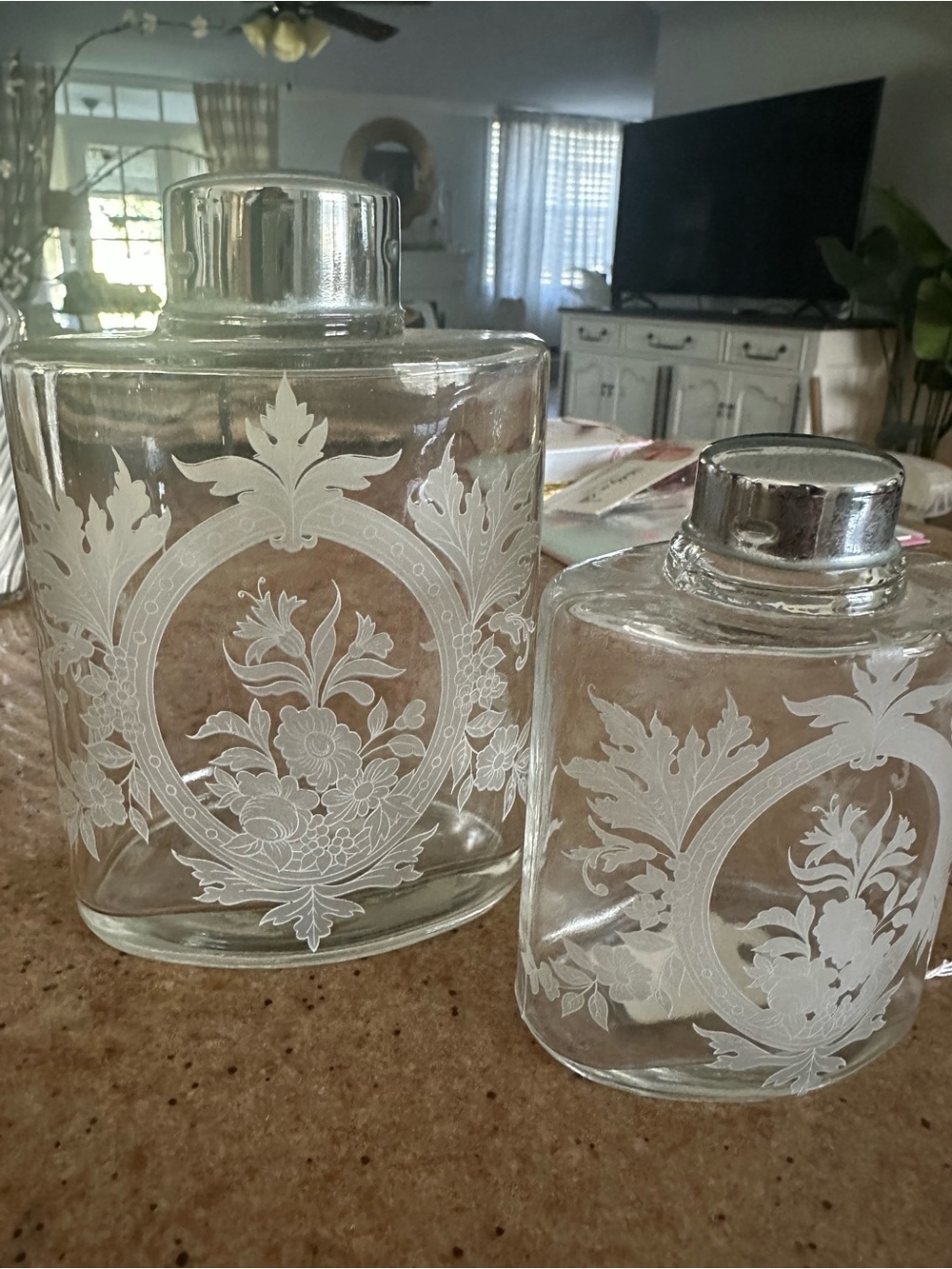 Decorative Clear Glass Apothecary Jars with White Etched Floral Design -